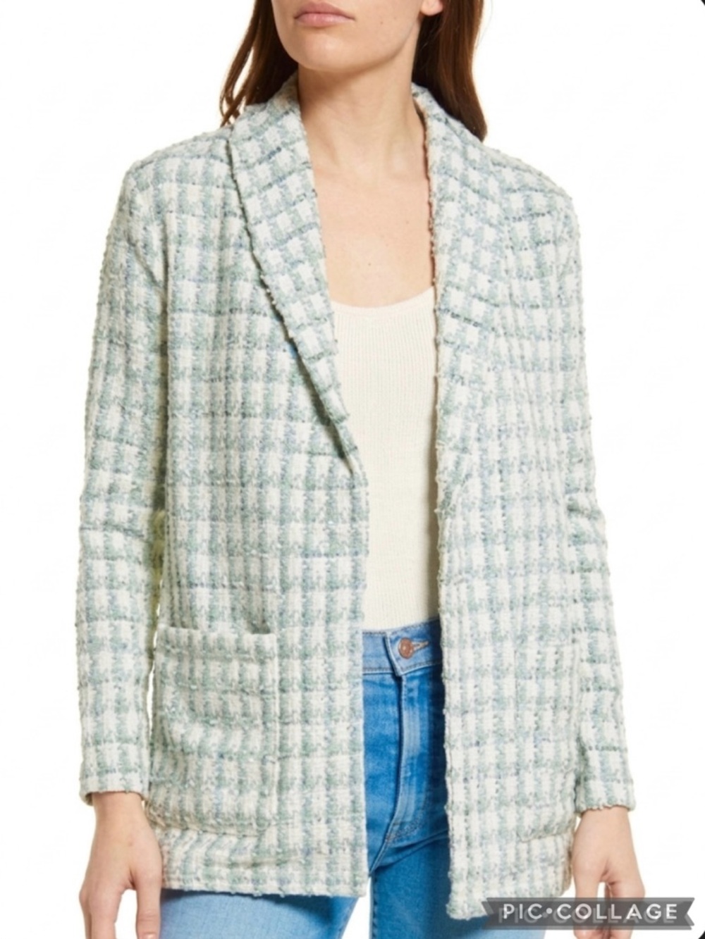 Bb Dakota Steve Madden Sage Green Tweed Plaid Boucle Open Front Blazer NWT S
